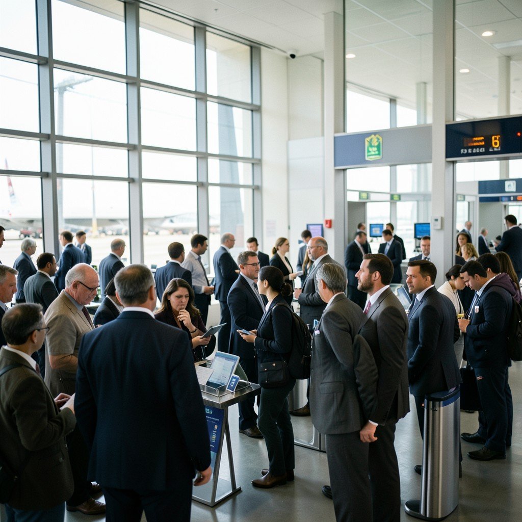 A busy airport security checkpoint with many people, professional atmosphere, documentary style photography, soft daylight, 4:3