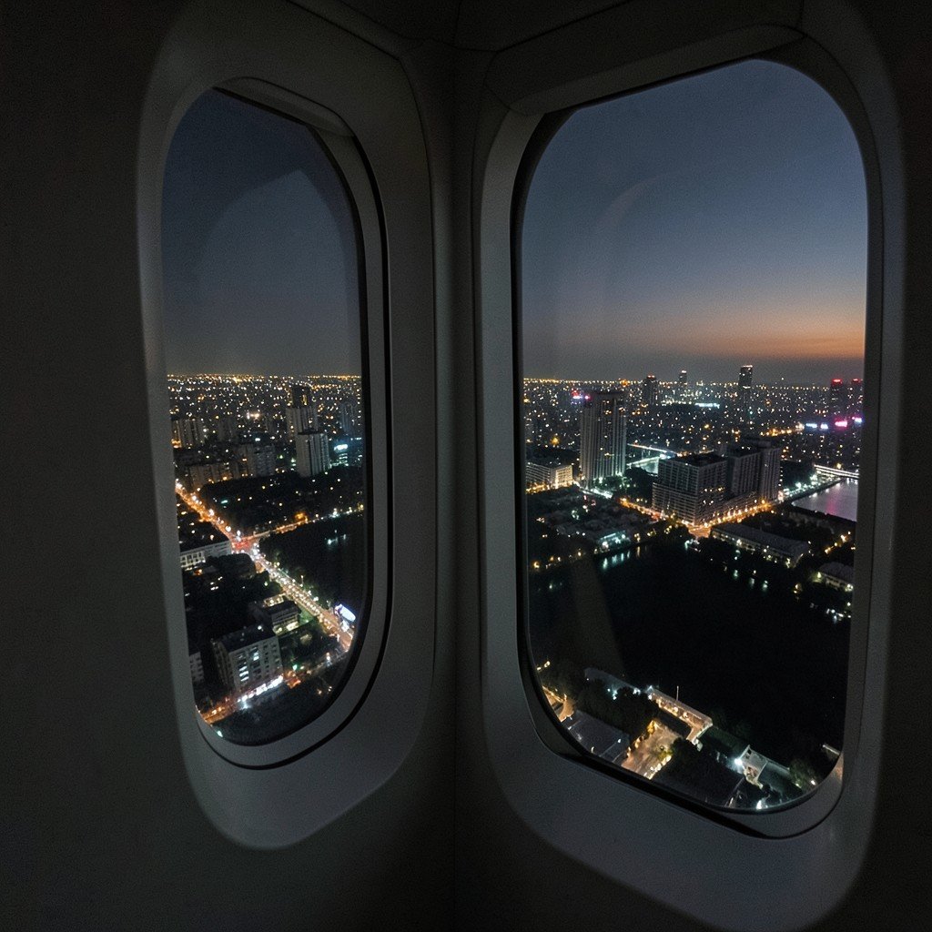 A view from an airplane window looking out at a city at night, peaceful atmosphere, high quality photography, 4:3