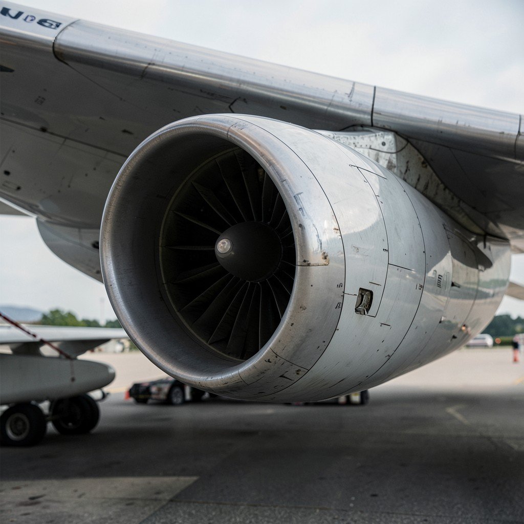 Close-up of a jet engine and the wing of a large passenger aircraft, high detail, industrial design, realistic, 4:3