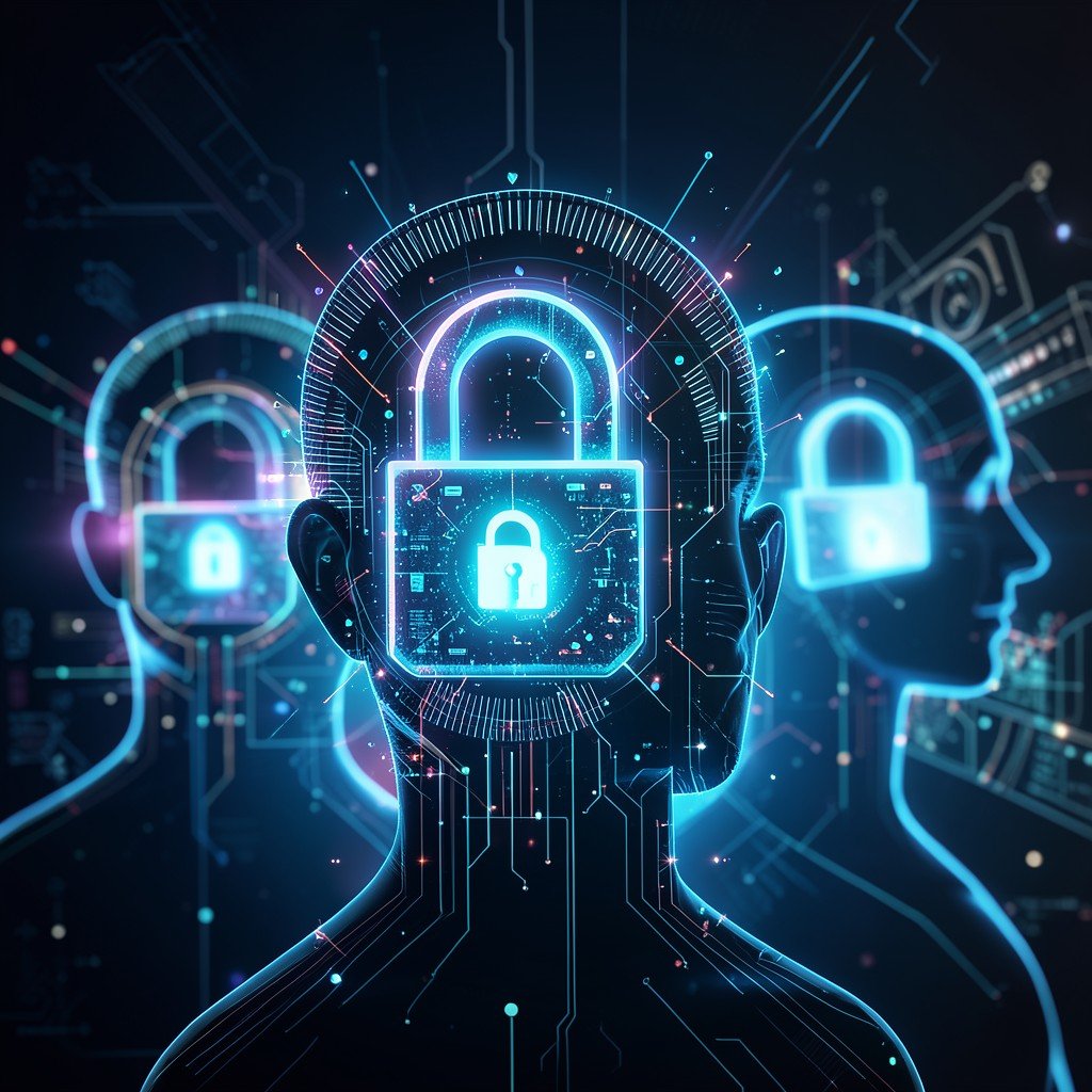 An abstract depiction of digital privacy and data protection, glowing locks over human digital silhouettes, futuristic tech style, 4:3