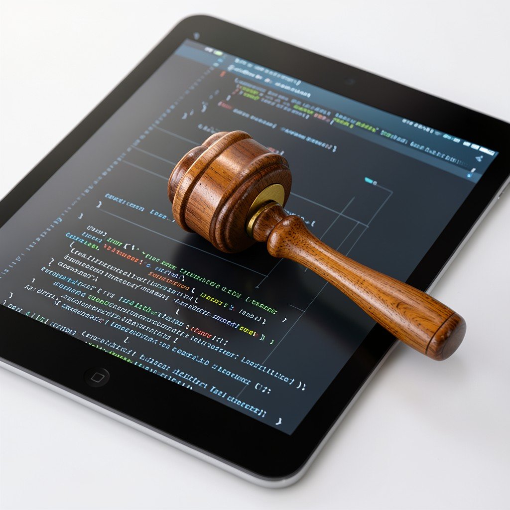 A wooden judge gavel on a digital tablet screen showing abstract code, conceptual legal technology, clean modern design, 4:3