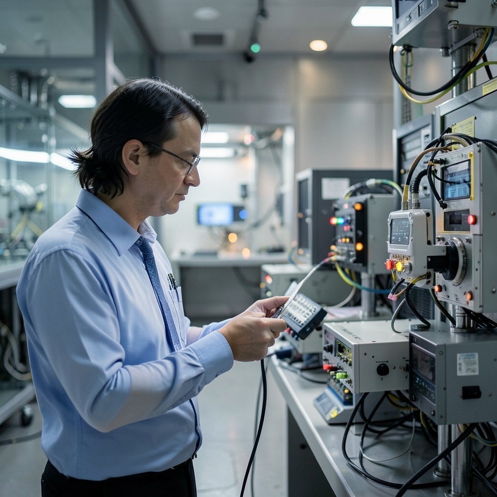A professional engineer monitoring advanced robotics control systems in a high-tech research facility, soft ambient lighting, photorealistic, 4:3