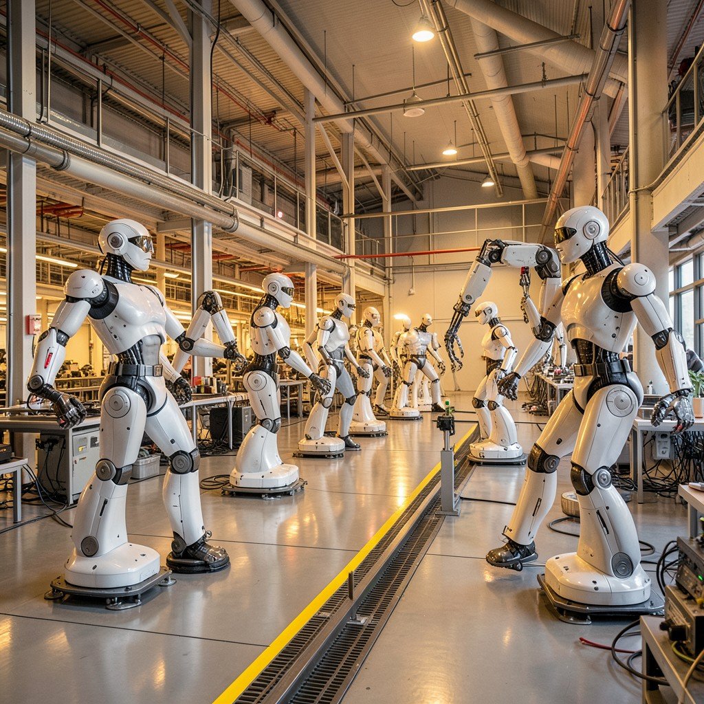 A wide shot of a modern automated factory with multiple humanoid and arm robots working in harmony, warm lighting, hyper-detailed, 4:3