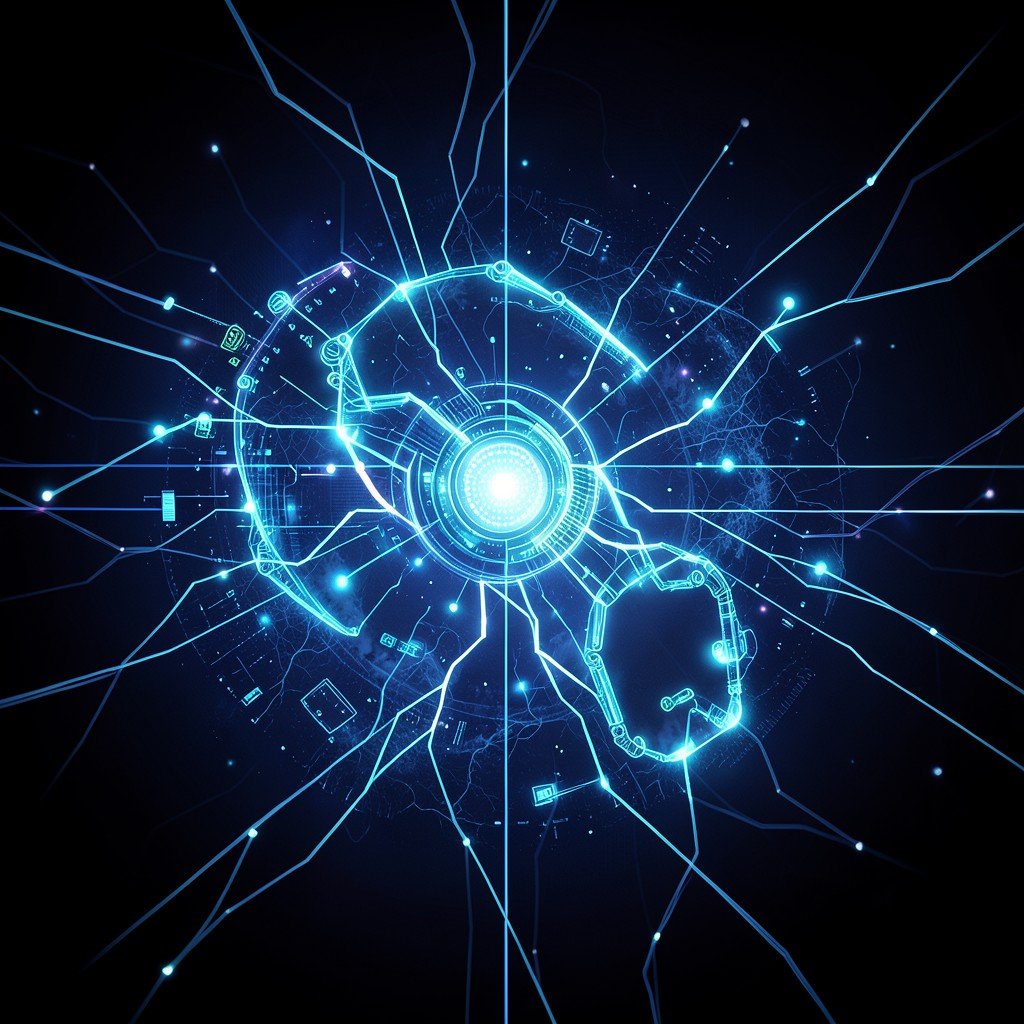 Abstract representation of AI data processing for robotics, glowing neural network patterns, dark background, futuristic technology concept, 4:3