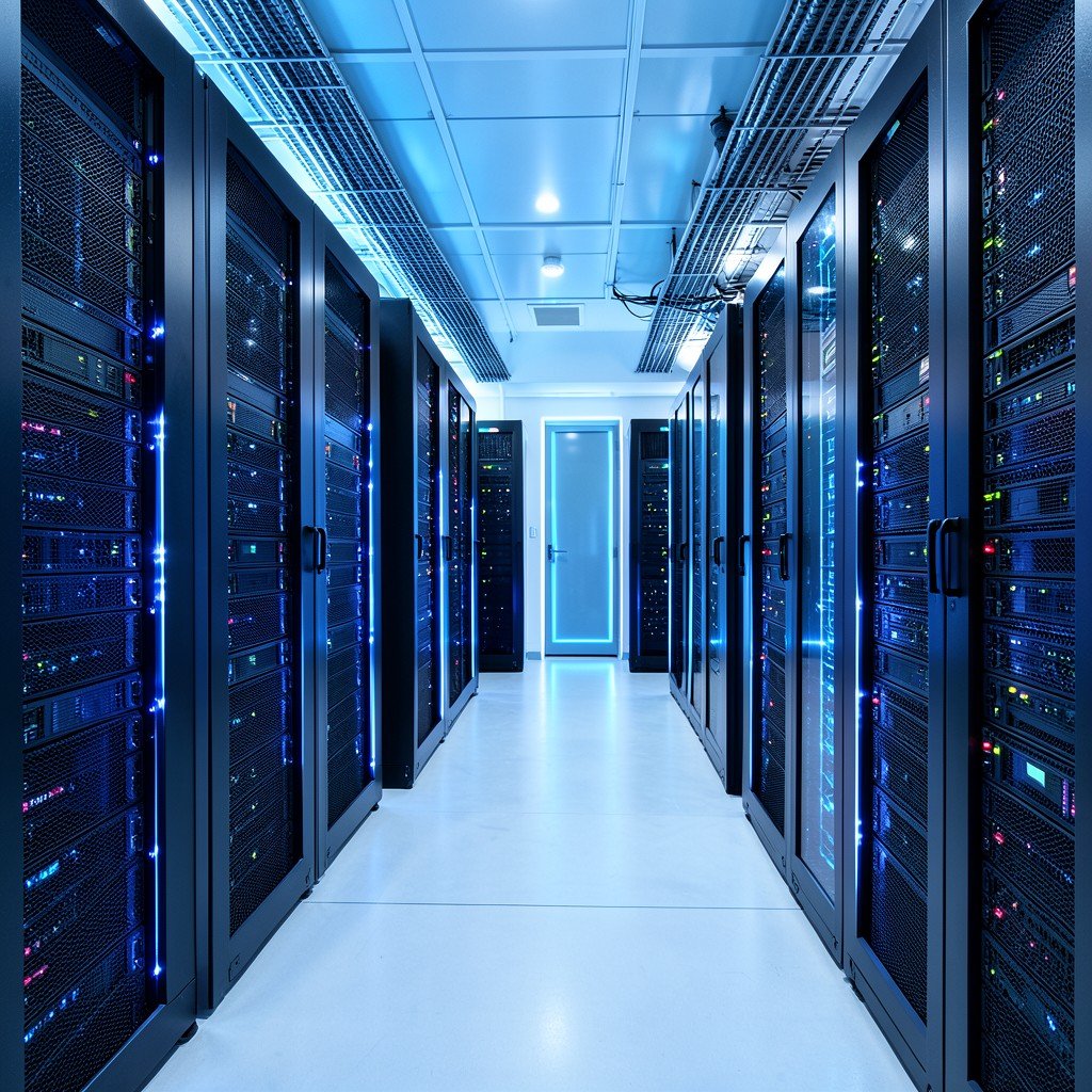 Modern data center interior with servers and glowing blue lights, professional photography, clean composition, 16:9 ratio