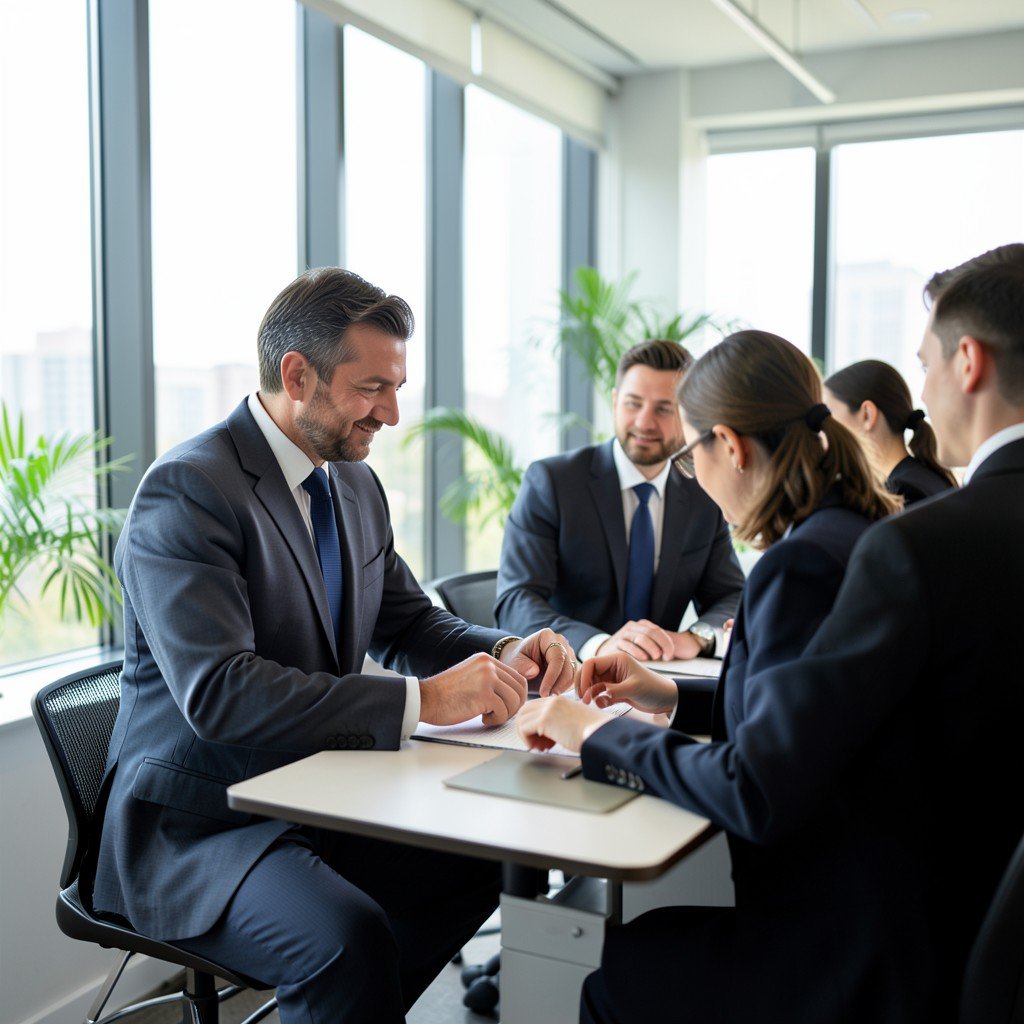 Professional business people working in a modern office, natural lighting, realistic style, 16:9 ratio