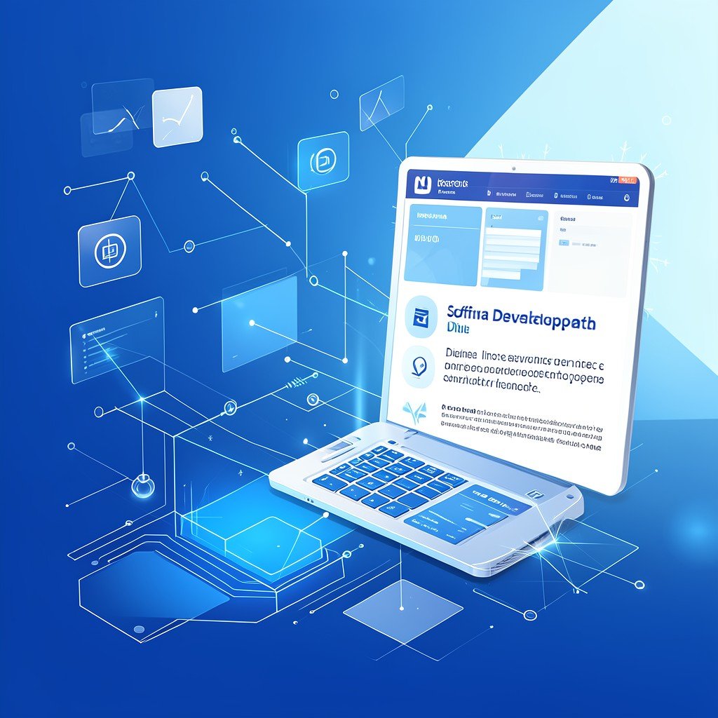Conceptual illustration of digital integration and software development, sleek design, blue and white color palette, 16:9 ratio