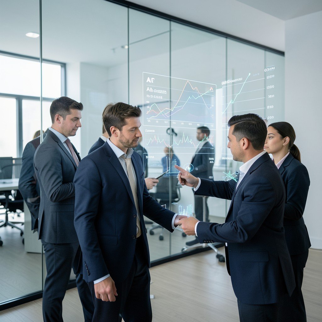 Professional business team analyzing digital charts and AI growth metrics on a glass wall, minimalist office background, 4:3 aspect ratio.