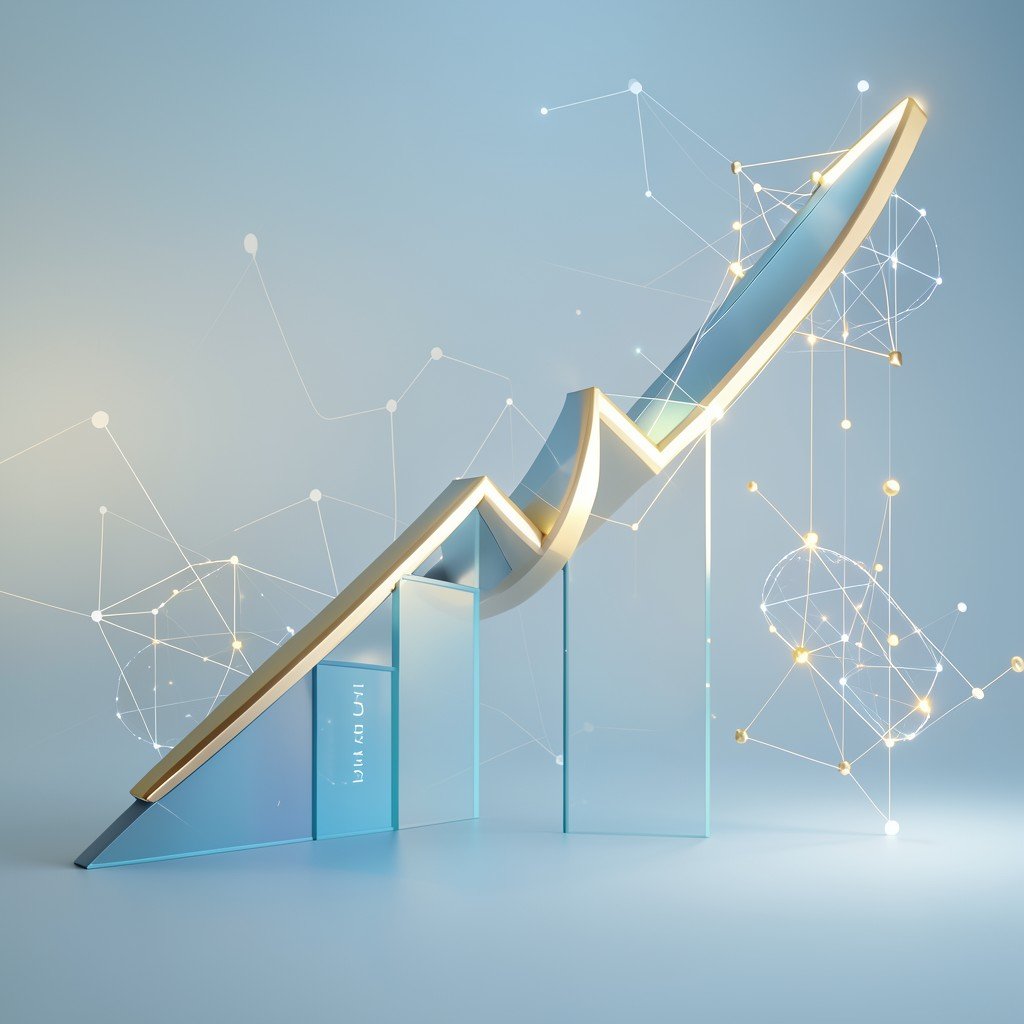 Abstract representation of financial growth and technology development, clean and professional design, soft blue and gold lighting, 4:3 aspect ratio.