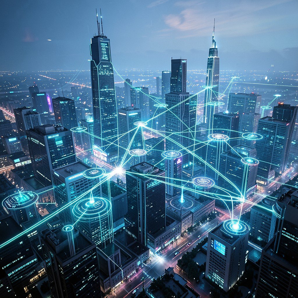 Futuristic cityscape with digital connectivity, glowing lines connecting various data hubs, conceptual art, 4:3 aspect ratio.