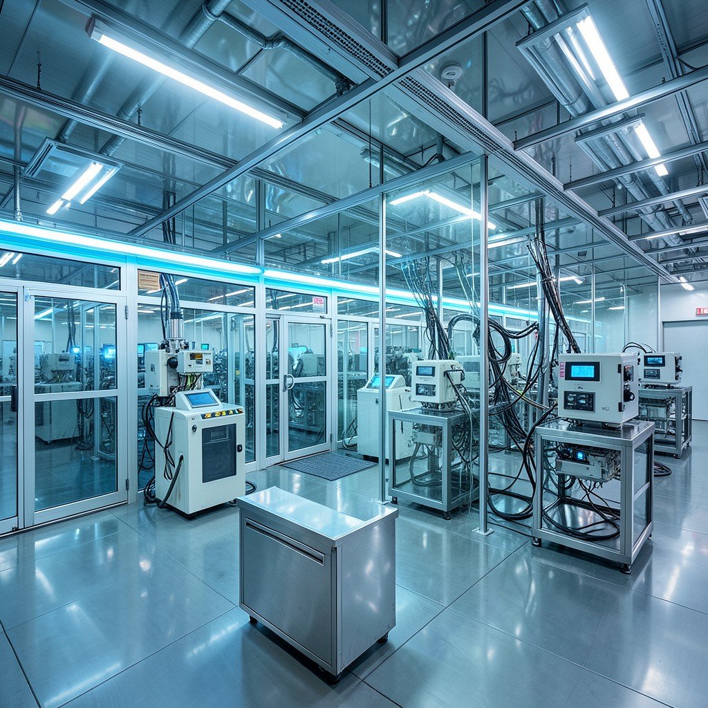 A high-tech semiconductor fabrication facility interior with glowing lights, clean room environment, advanced machinery, photorealistic style, 4:3 aspect ratio.