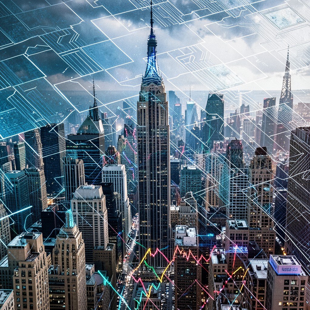 A composite image showing Wall Street financial district mixed with futuristic silicon wafer patterns, symbolizing the intersection of tech and capital, detailed, 16:9 aspect ratio.