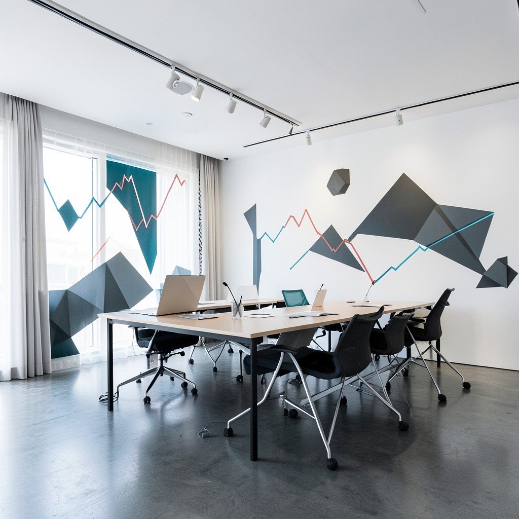 A modern office interior with abstract geometric shapes representing market stress and risk, minimalist style, sharp focus, 4:3