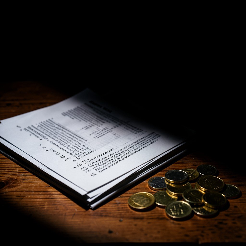 A dark shadow falling over a stack of documents and coins on a wooden desk, symbolizing hidden risk, realistic, high contrast, 1:1