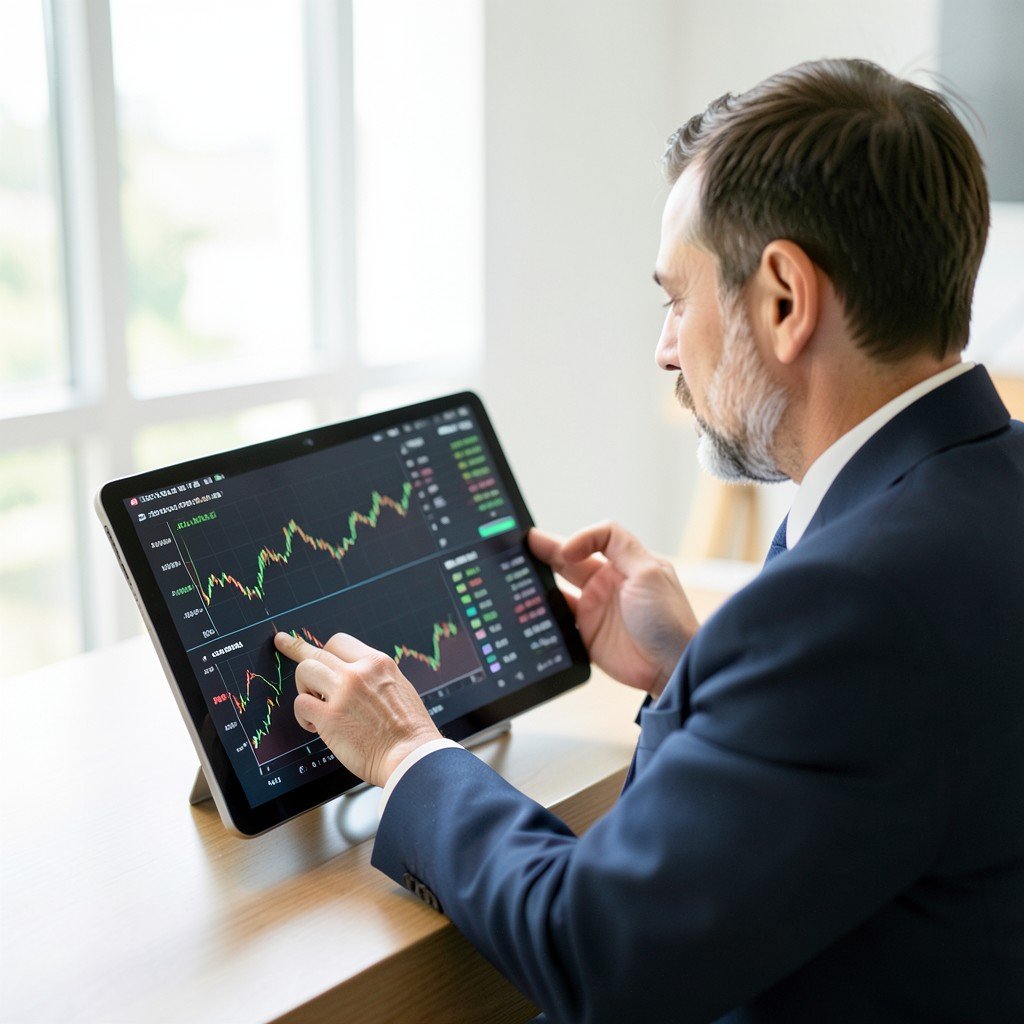 A professional investor looking at a tablet screen with complex financial analysis, professional setting, bright lighting, natural look, 4:3