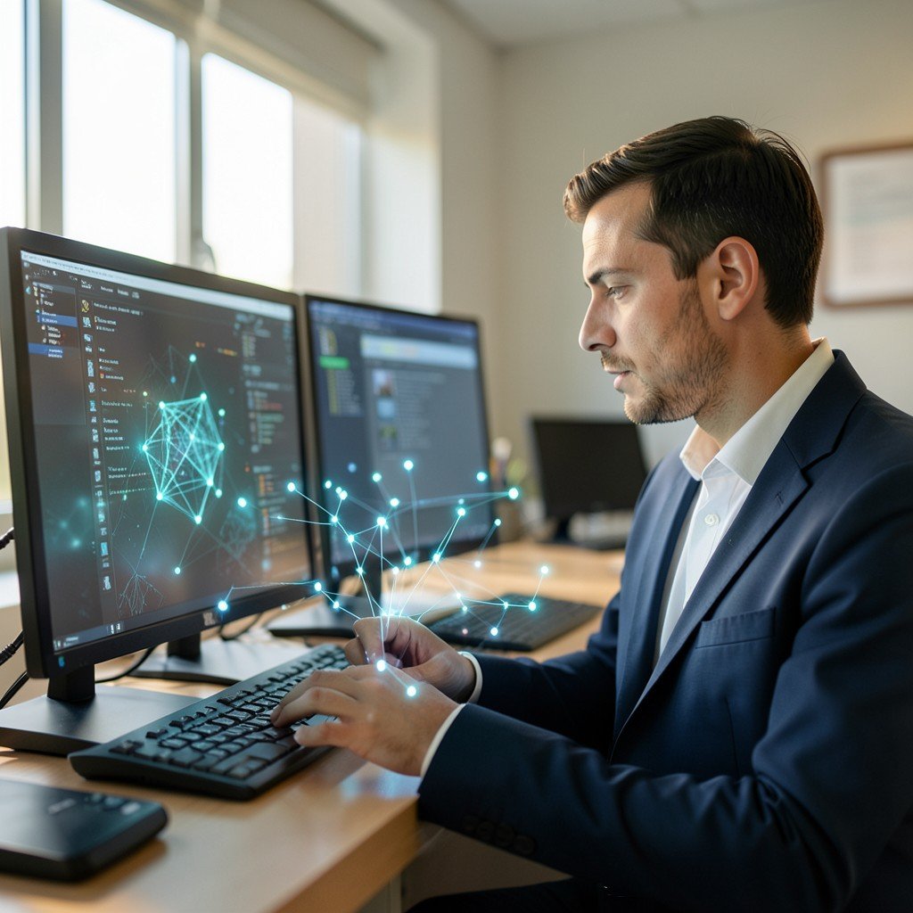 Concept of human-computer interaction, professional person using advanced software interfaces with digital glowing nodes, office environment, soft sunlight, 16:9 aspect ratio