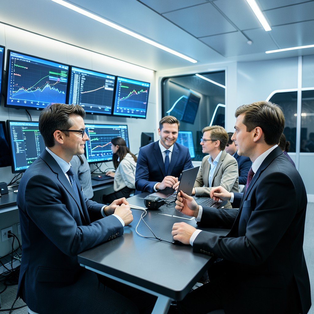 Team of software engineers collaborating in a modern futuristic lab, high-tech monitors showing data streams, sharp focus, clean corporate photography, 16:9 aspect ratio