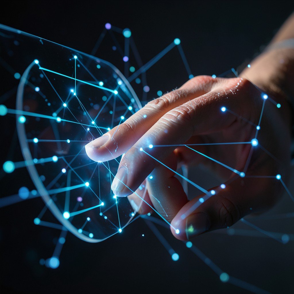 Close-up of human hand touching a holographic interface, digital dots and lines connecting, futuristic lighting, high resolution, cinematic style, 16:9 aspect ratio