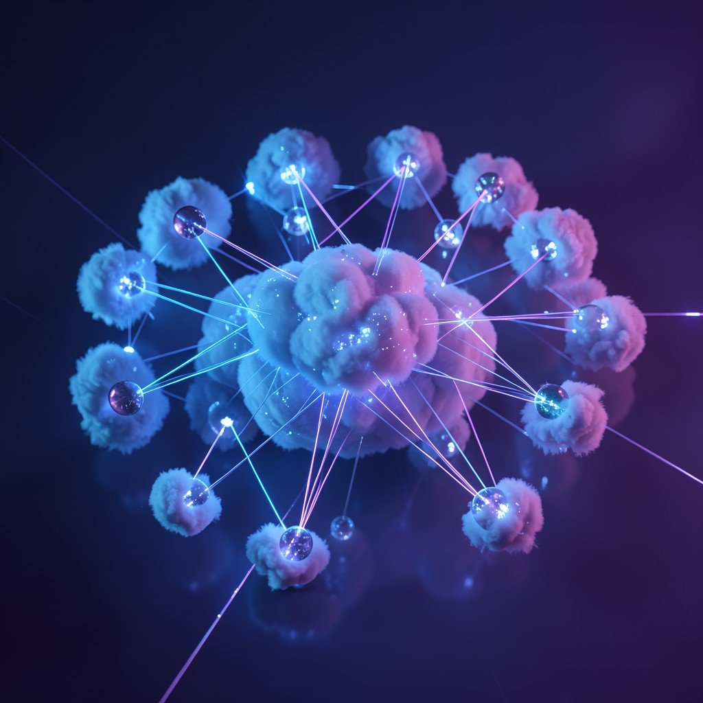 Abstract representation of cloud computing network nodes with connections, digital blue and purple aesthetic, hyper-realistic, 4:3