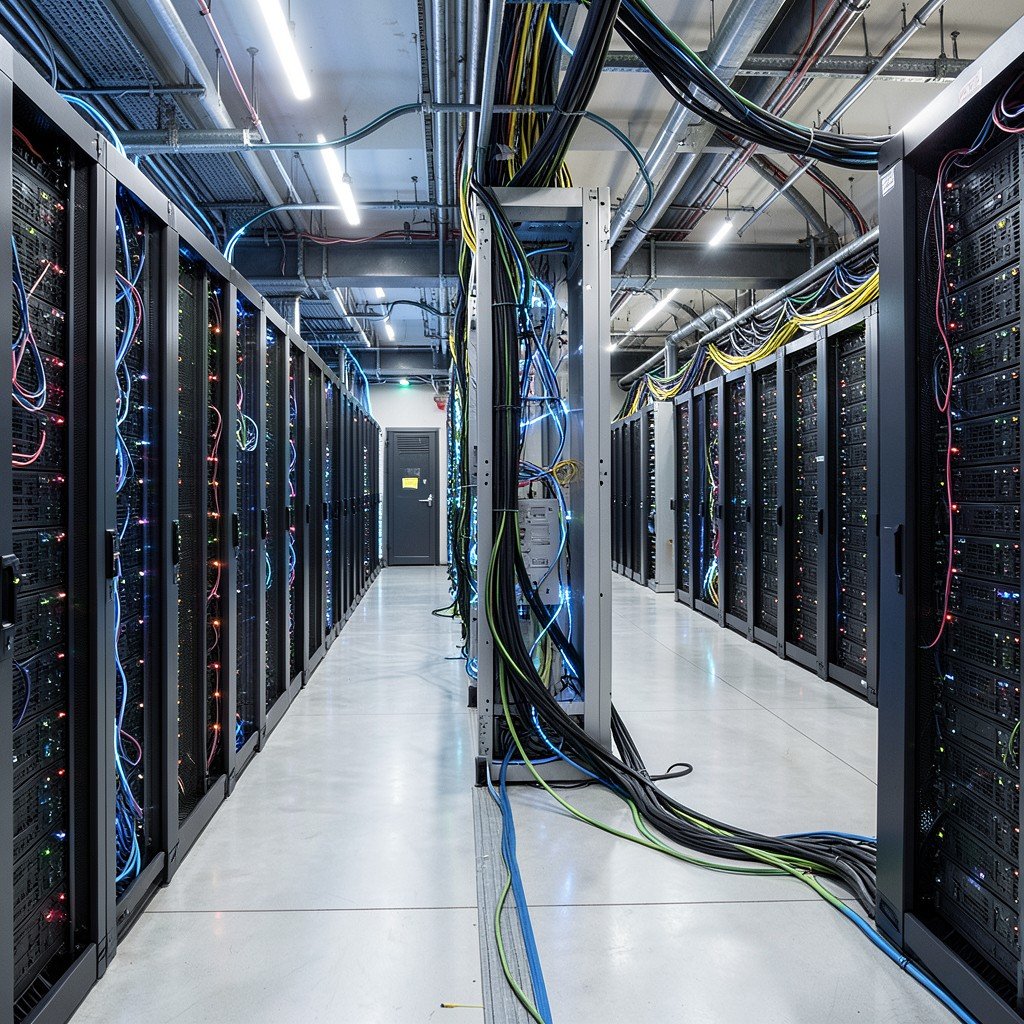 Wide shot of a massive modern data center with rows of server racks, glowing cables, industrial technology, high-end photography, 4:3