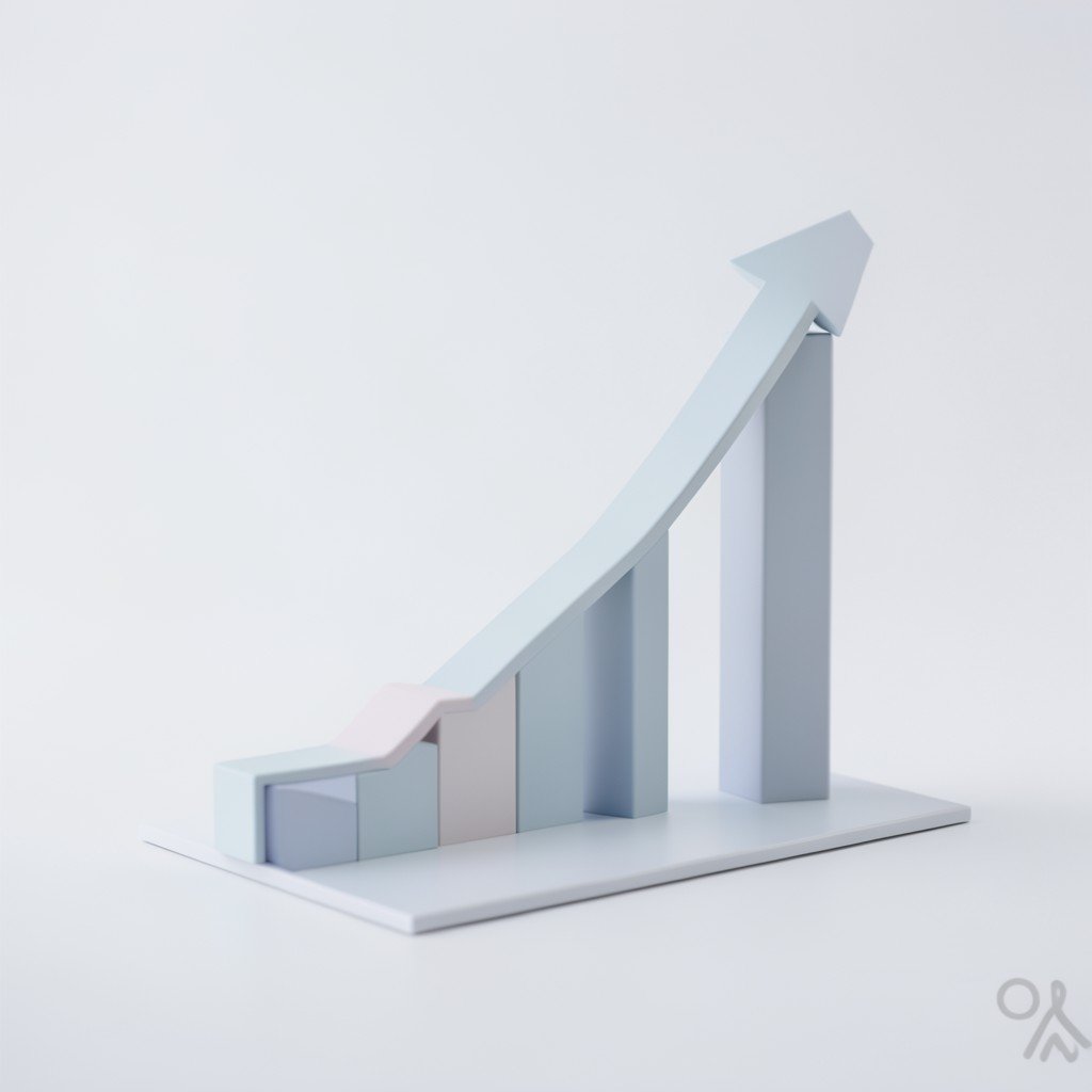 A sleek 3D visualization of upward trends and data growth, minimalist style, corporate finance concept, soft light, 4:3