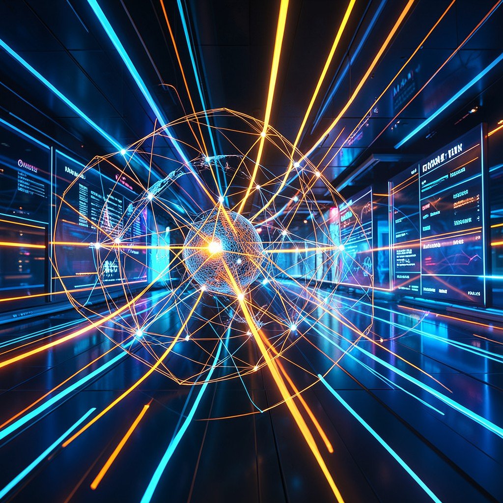 Futuristic abstract representation of global marketing connections and data streams, high-tech environment, sleek blue and orange tones, 4:3.