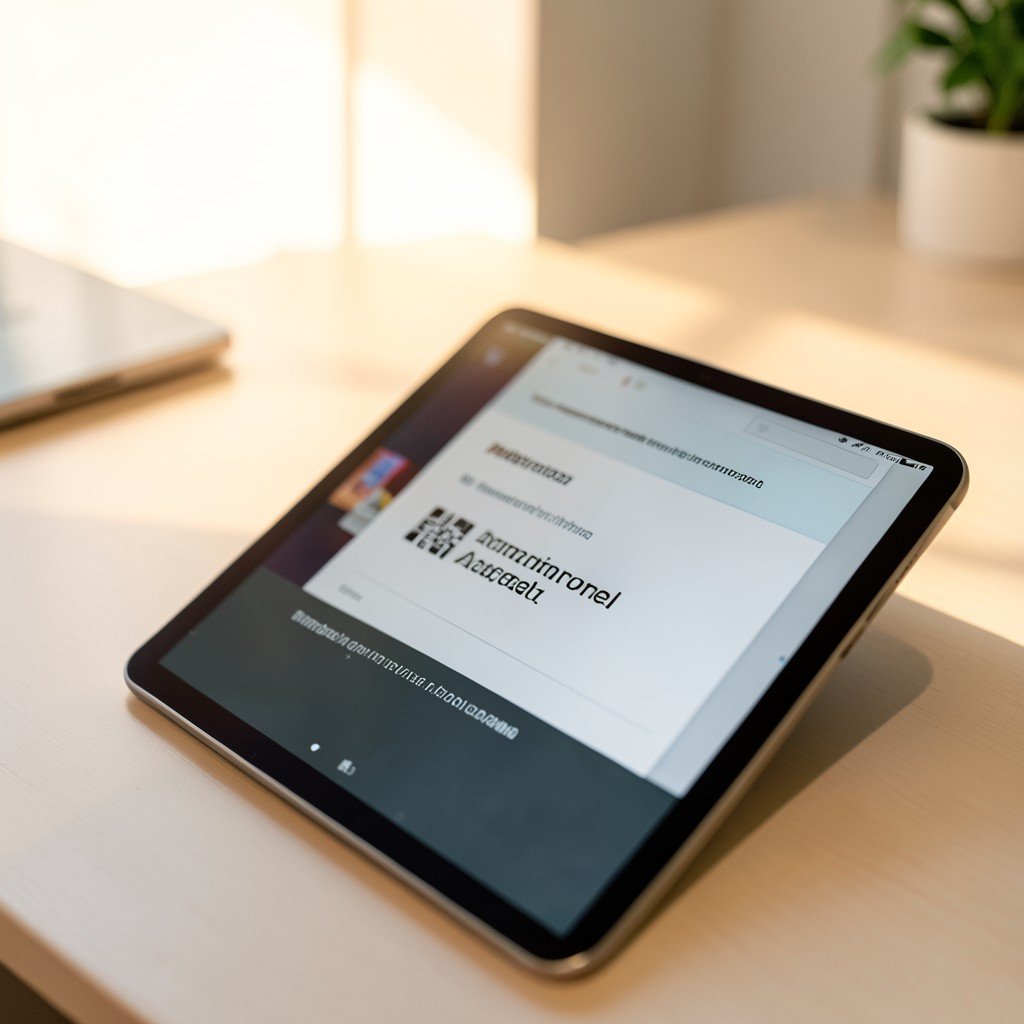 Close-up of professional business analysis on a tablet screen, clean office desk, minimalist aesthetic, warm morning light, 4:3.