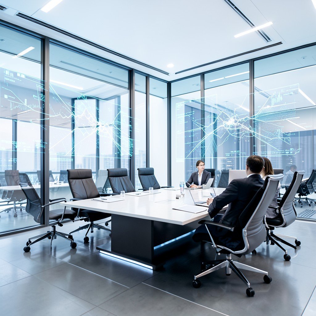 Professional futuristic business meeting, abstract data projections, clean design, bright lighting, high-end corporate style, 4:3.