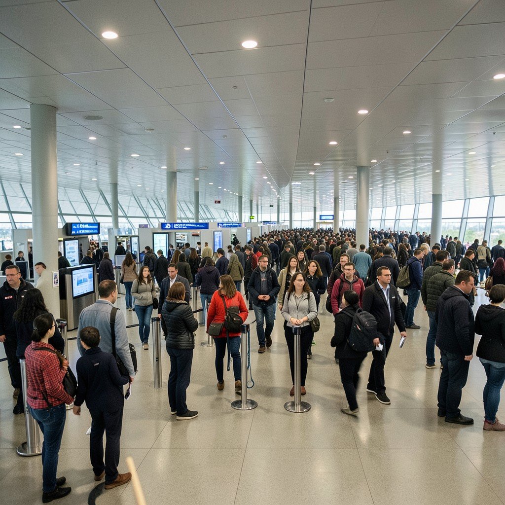 공항 보안 검색대의 긴 대기줄