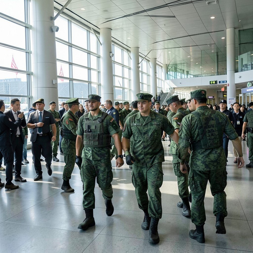 Military personnel in non-combat uniforms assisting with crowd control inside a modern airport terminal, professional atmosphere, natural lighting, 4:3 aspect ratio