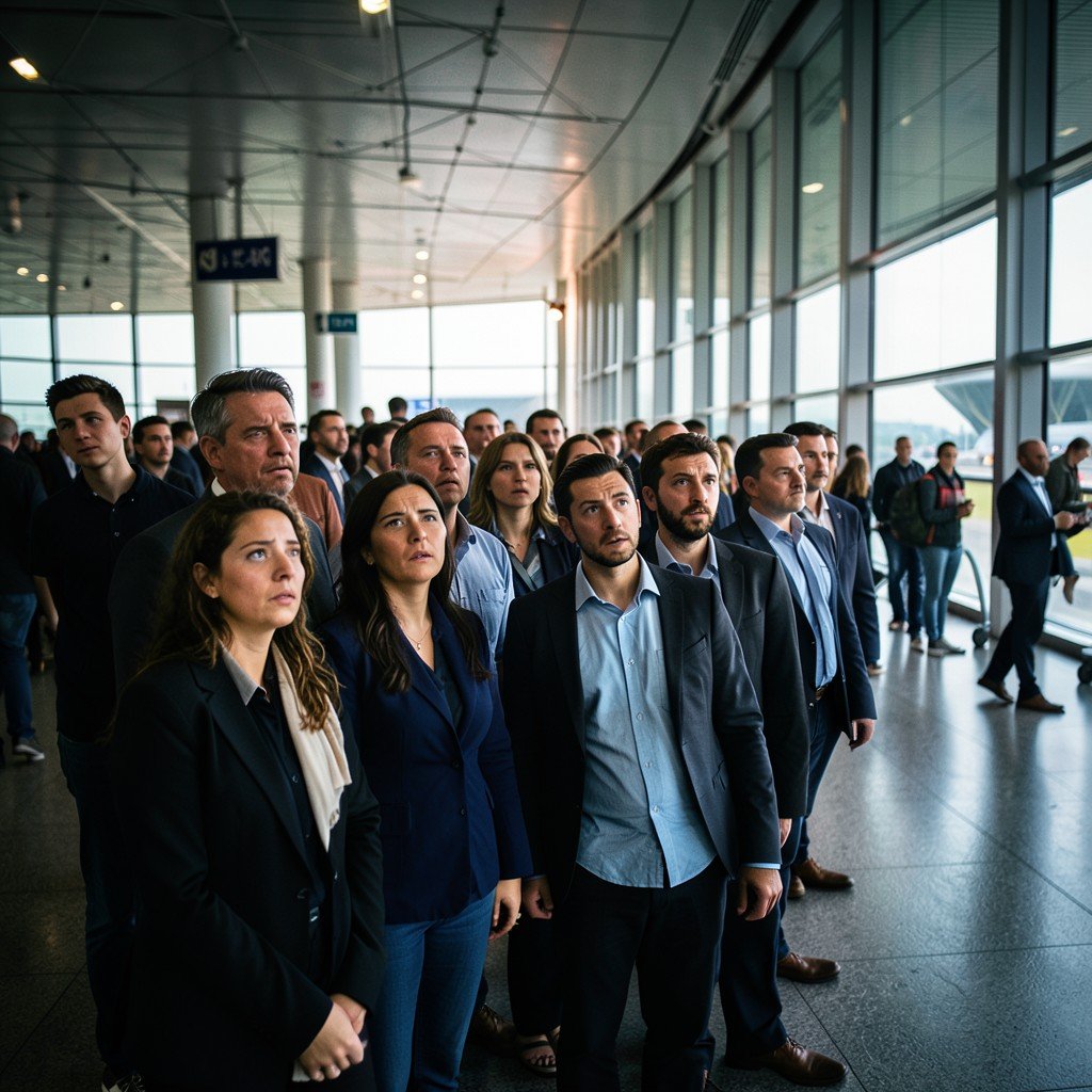 People waiting in a long line at an airport with confused expressions, professional photography, cinematic lighting, 4:3 aspect ratio