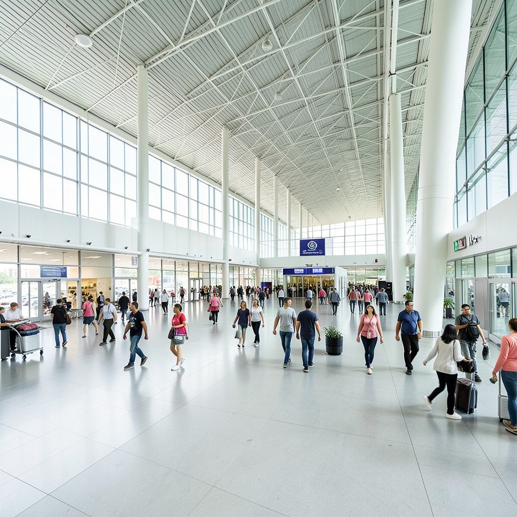 Wide angle shot of a bright, modern airport departure hall with passengers moving through, clean architecture, daylight, 4:3 aspect ratio