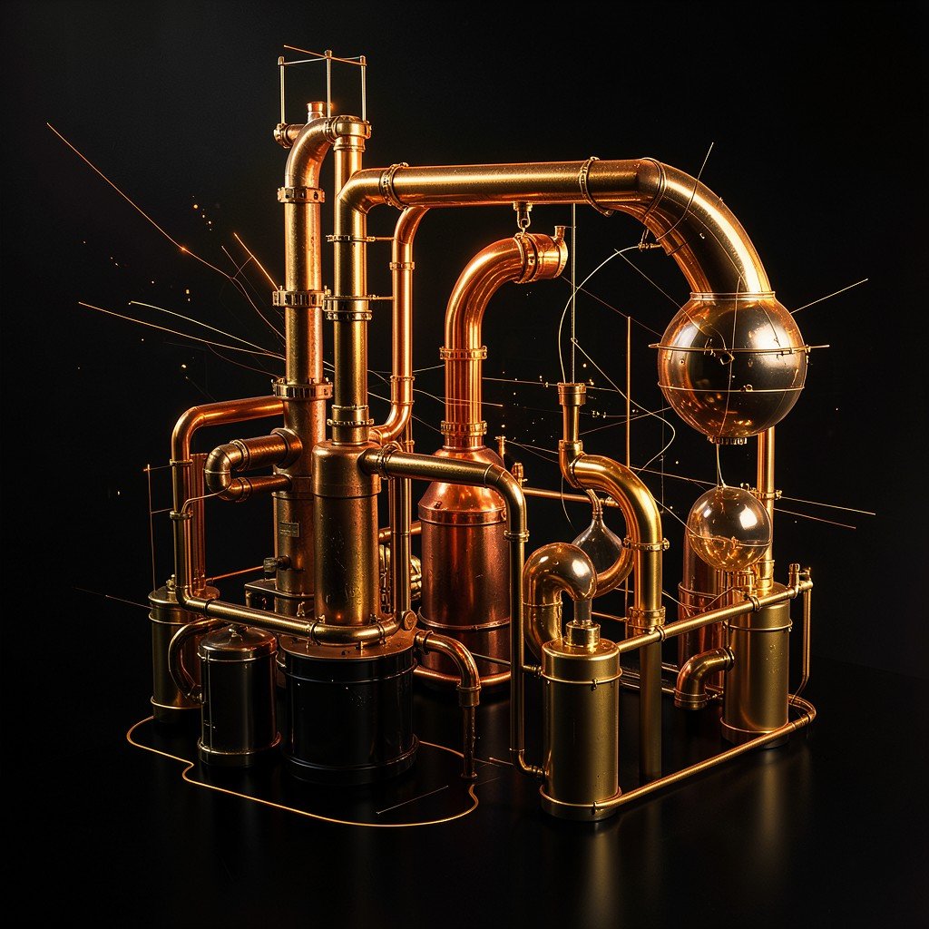 Conceptual art representing oil supply chain and geopolitical tension, sleek dark background, orange and gold light accents, industrial textures, detailed, 4:3