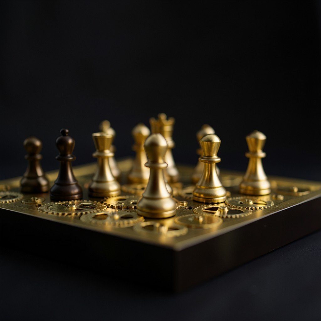 Abstract representation of financial decision making, chess pieces on a board with golden clockwork gears, dark atmosphere, depth of field, minimalist design, 4:3
