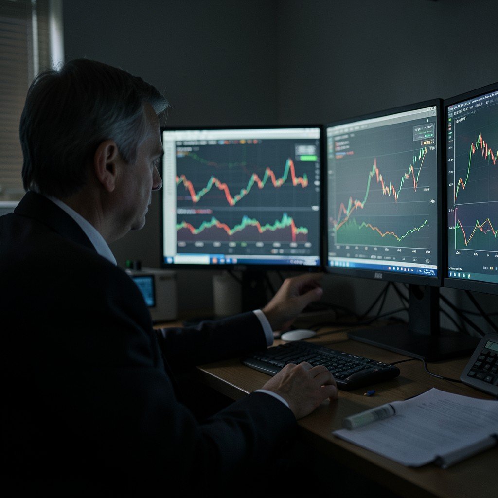 A professional investor looking at multiple monitors showing market trends in a dimmed office, focused and analytical, high quality, realistic, 4:3