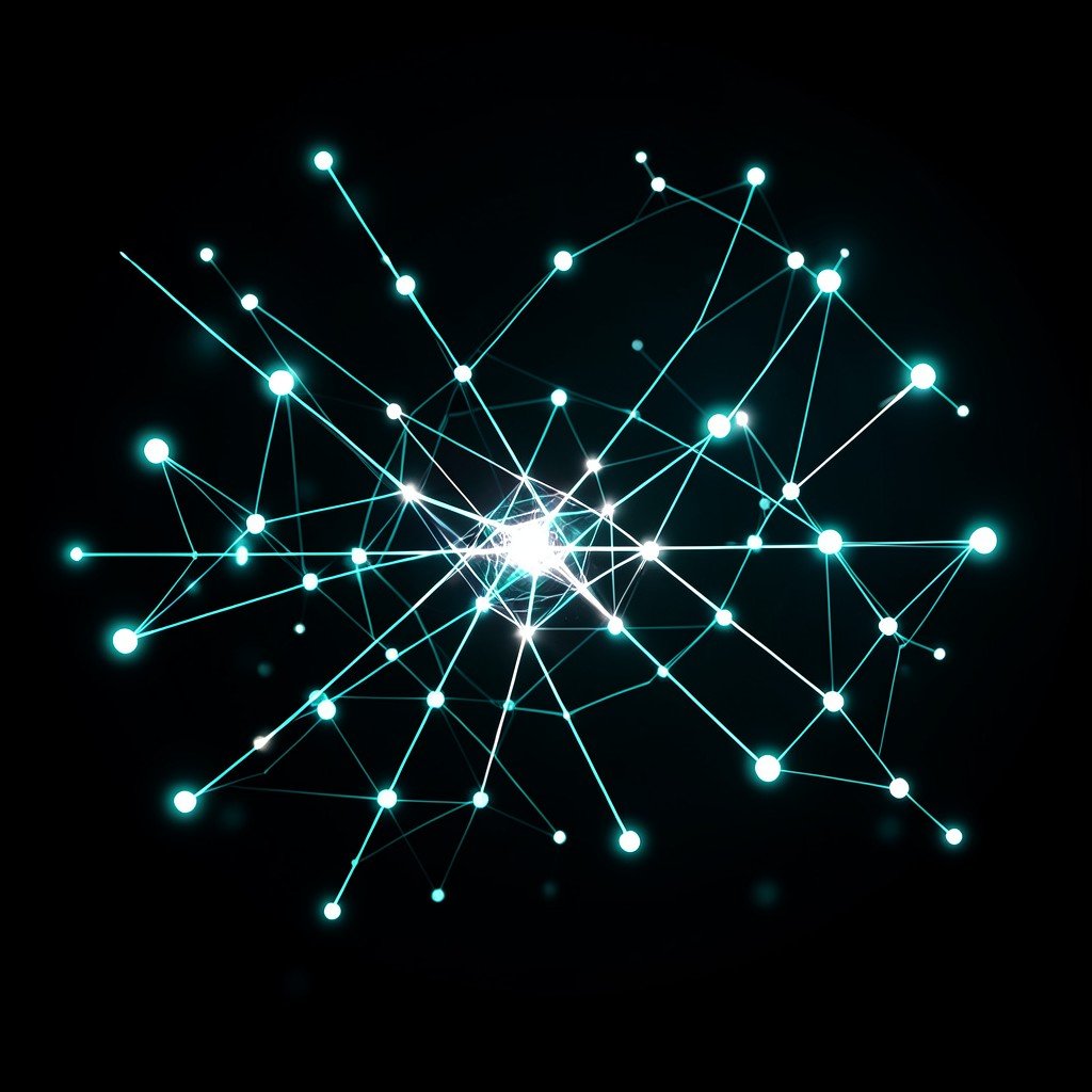 Abstract representation of digital connection and human resource management using glowing nodes and lines, dark background with cyan and white highlights, 4:3
