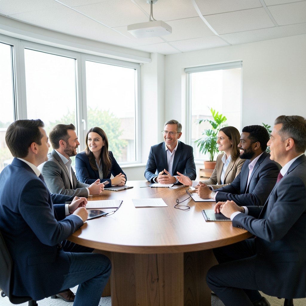 Diverse group of people in a bright modern boardroom discussing, professional and natural, focus on communication and teamwork, 4:3