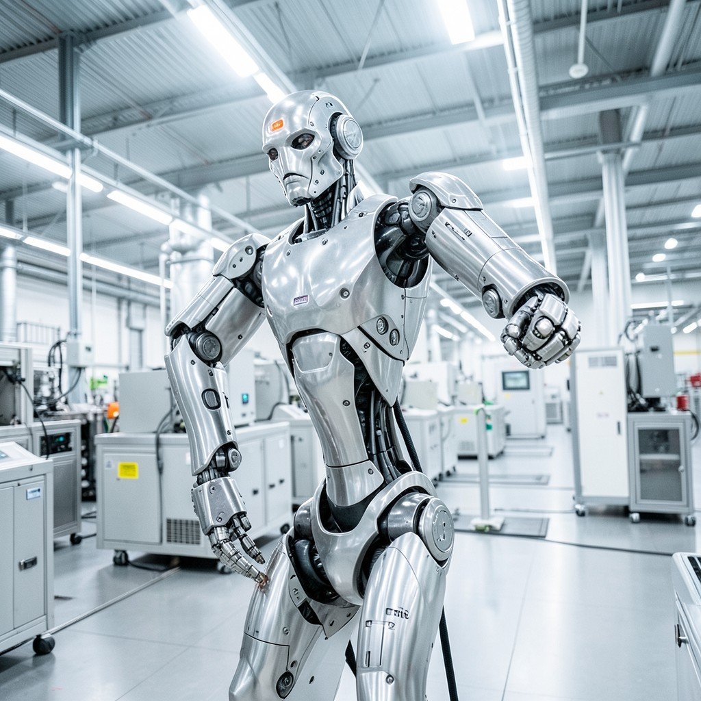 A advanced humanoid robot working in a clean high-tech manufacturing facility, robotic arm movement, metallic texture, bright industrial lighting, 4:3 aspect ratio