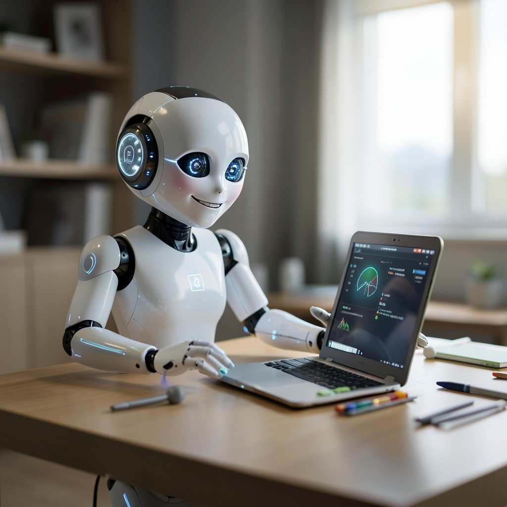 A friendly humanoid robot interacting with educational tools in a modern home study room, soft ambient light, blurred background, conceptual technology, 4:3 aspect ratio