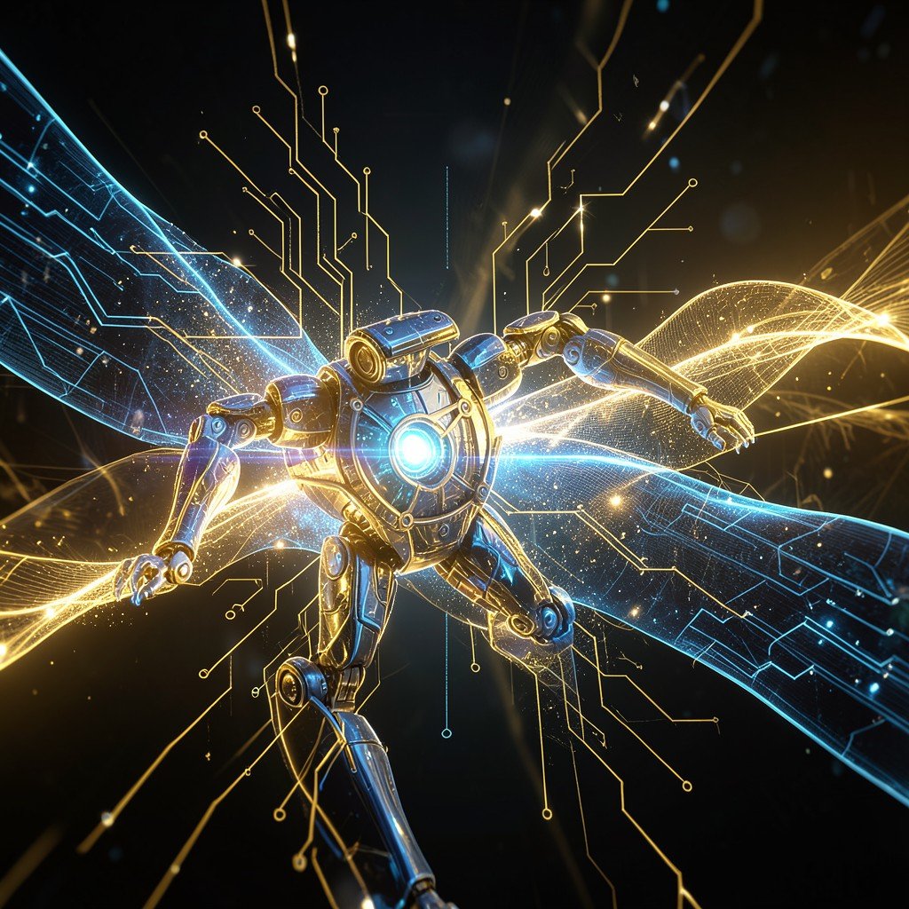 A digital representation of robotic evolution and tech growth, abstract circuits and light trails, golden and blue tones, high quality, 4:3 aspect ratio