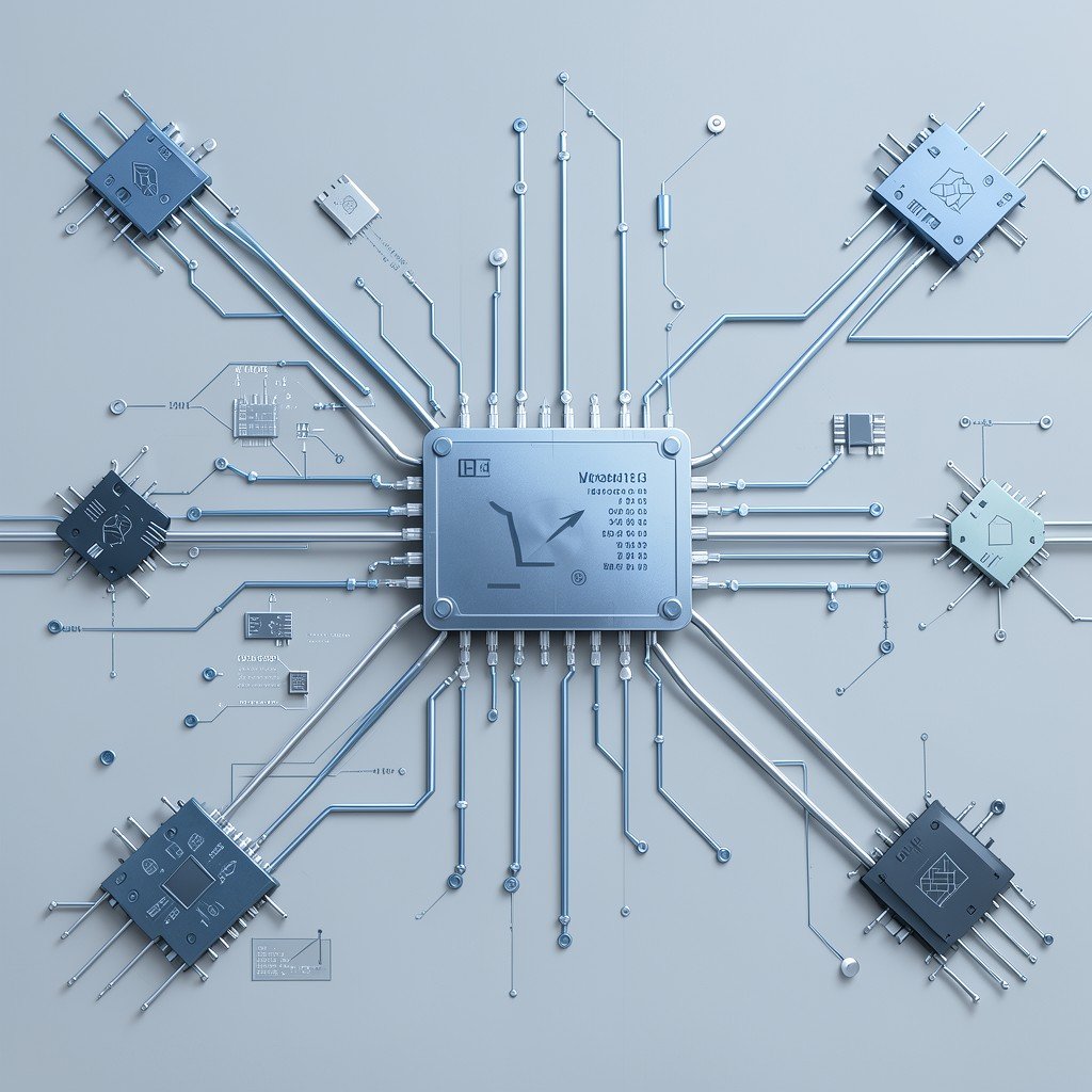 A professional and clean digital illustration of interconnected microchips and data flow networks with a neutral color palette of blue and silver, realistic style, 4:3.