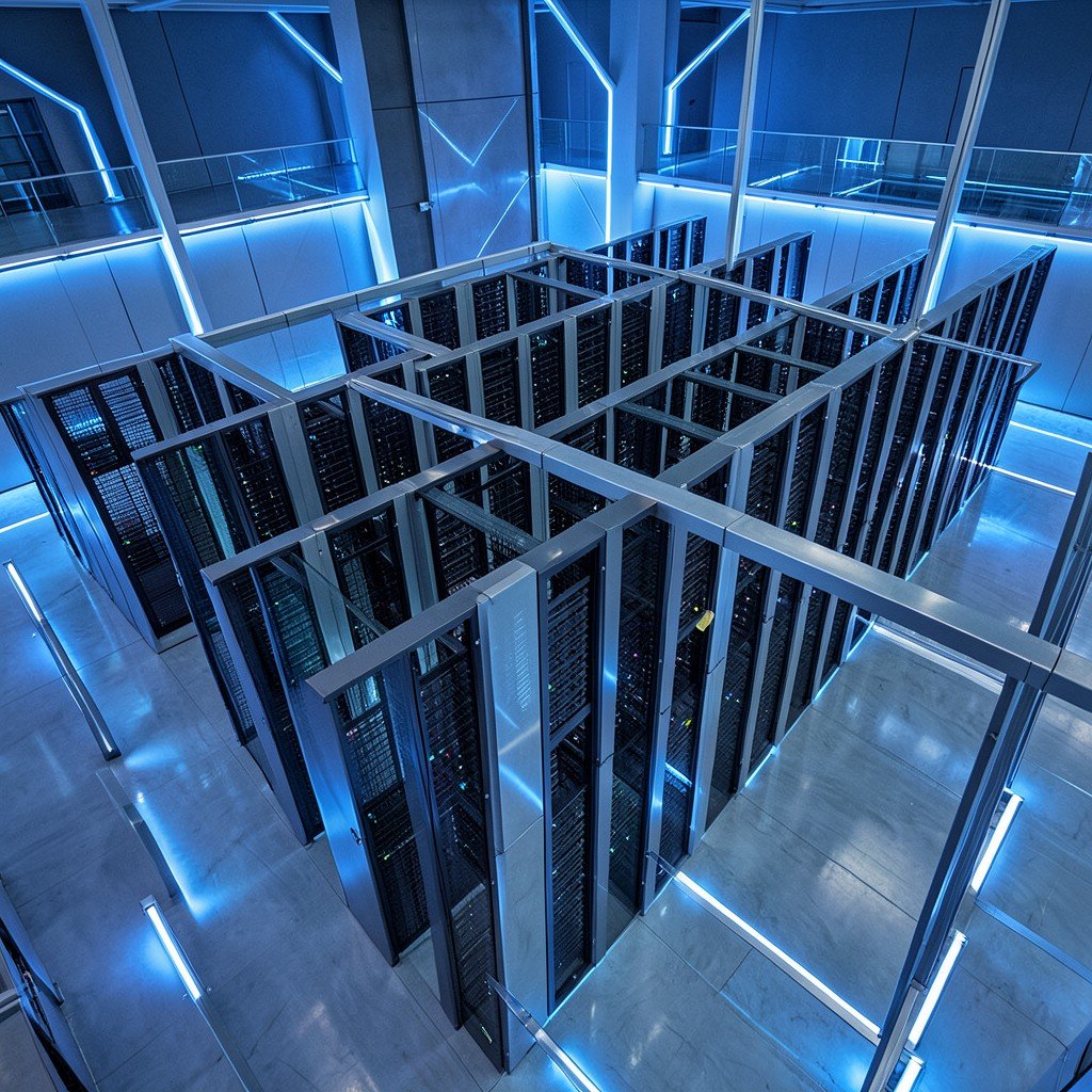 Aerial view of a modern data center with rows of server racks, futuristic atmosphere, blue lighting, photorealistic, 4:3.