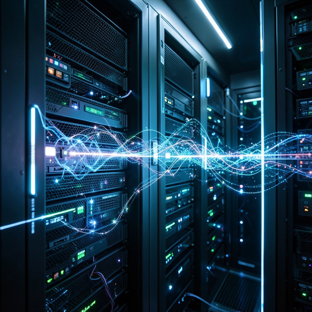 Close up of a high tech server room with glowing lights showing fast data transfer and processing of artificial intelligence, realistic style, 4:3