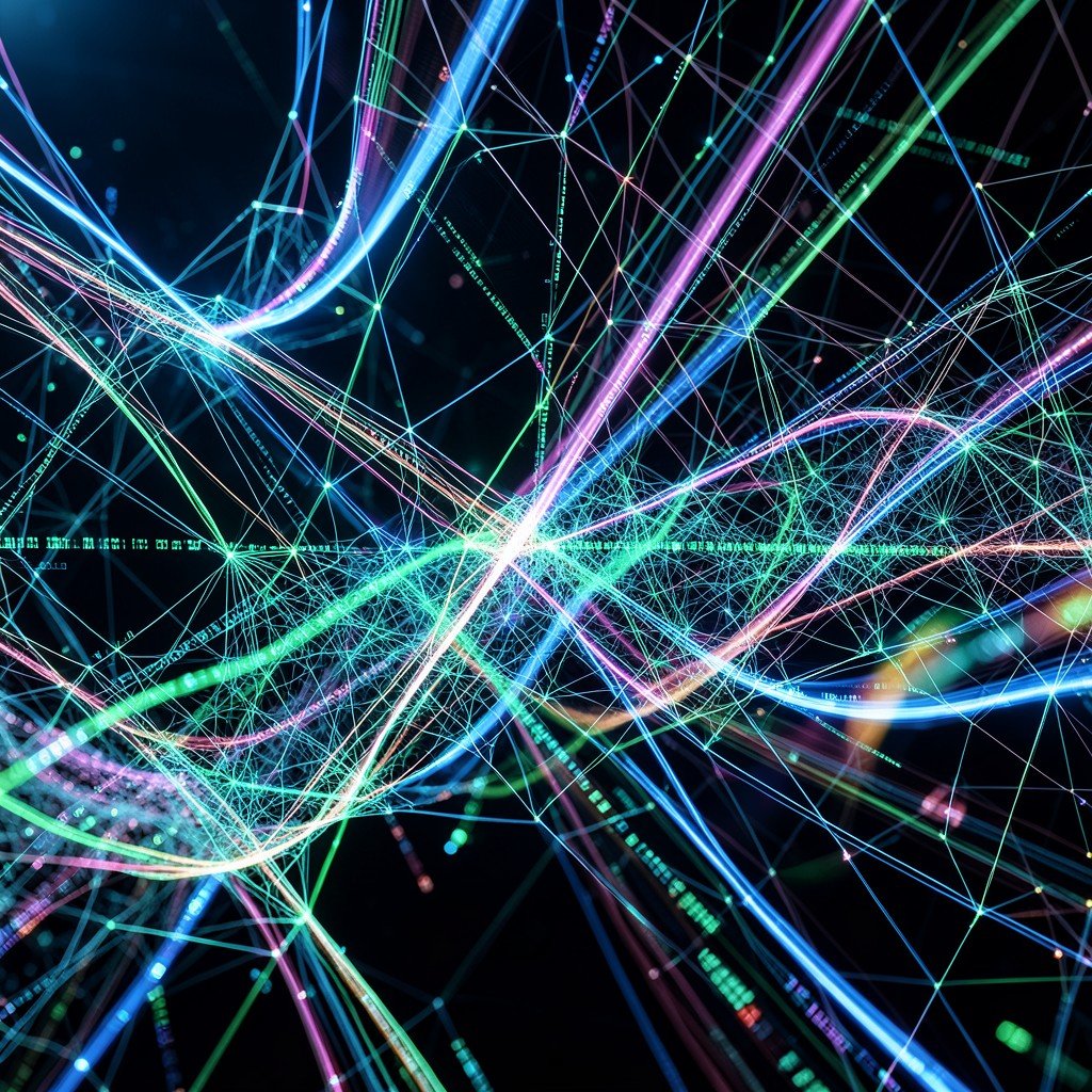 Abstract representation of complex digital connections and binary data streams weaving together in a futuristic web, realistic style, 4:3