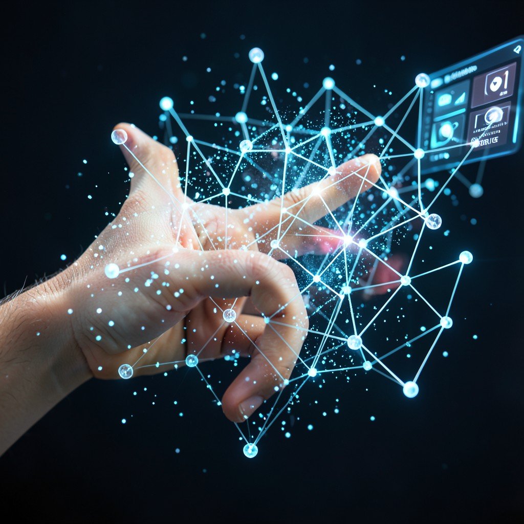 Conceptual image of a human hand reaching out to a digital interface of glowing particles and interconnected nodes representing the future of the internet, realistic style, 4:3