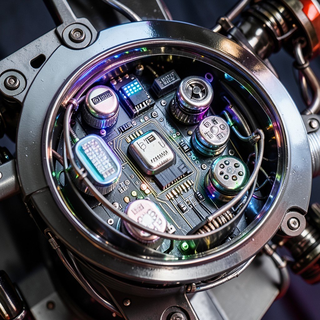 Close-up of high-tech sensors and electronic circuits inside a robot, detailed engineering, metallic and glowing elements, 4:3 aspect ratio