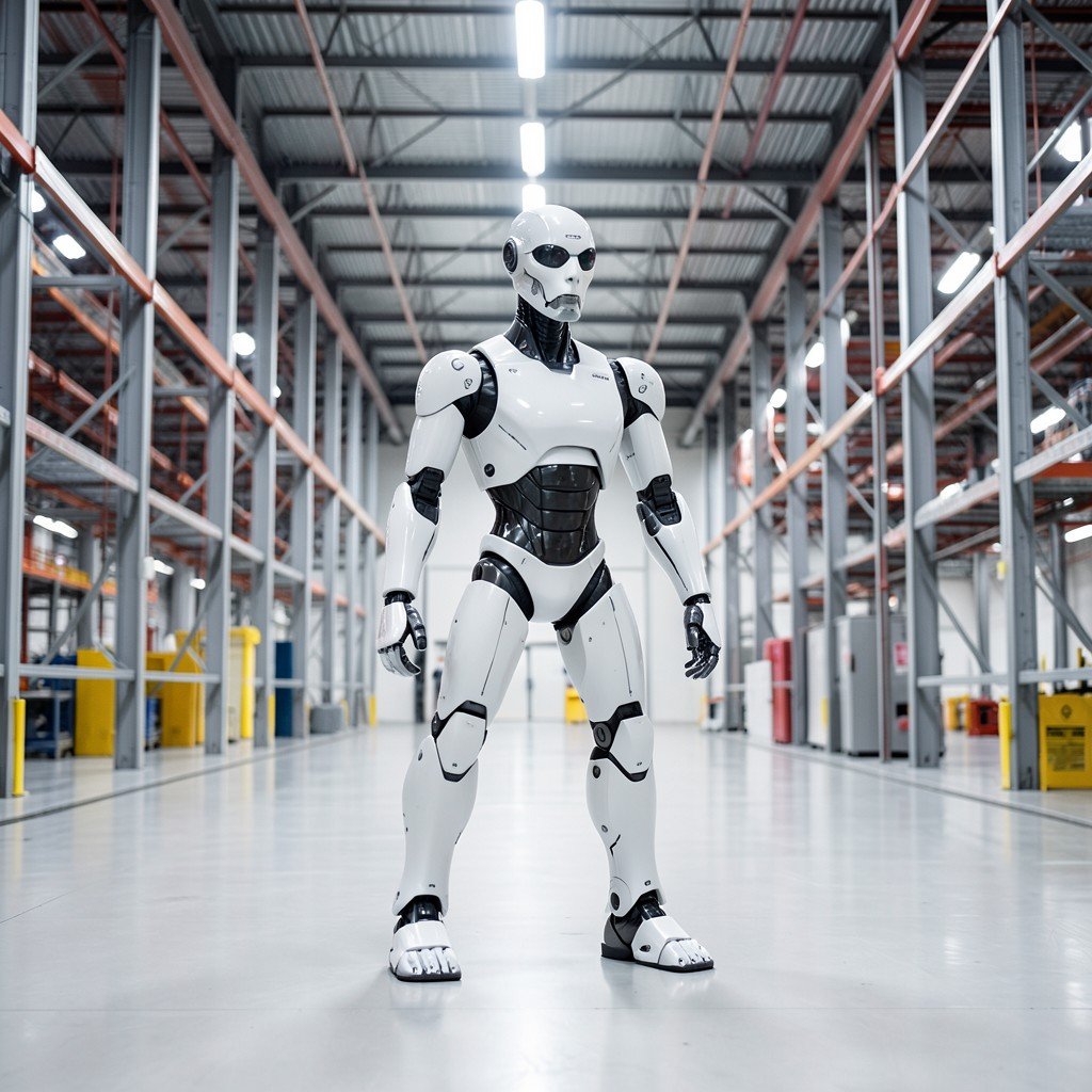 Humanoid robot operating in a large, efficient automated warehouse, professional lighting, clean design, 4:3 aspect ratio