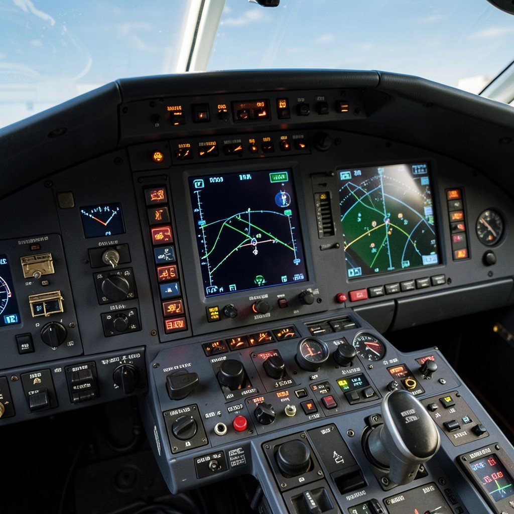 Detailed close-up of modern airplane cockpit instrumentation, navigation displays and flight controls, professional aviation technology, 4:3