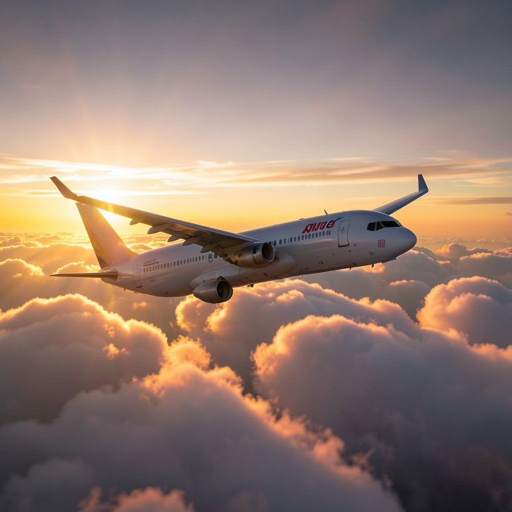 A sleek commercial airplane flying gracefully through the clouds during sunset, cinematic lighting, wide angle view, 4:3