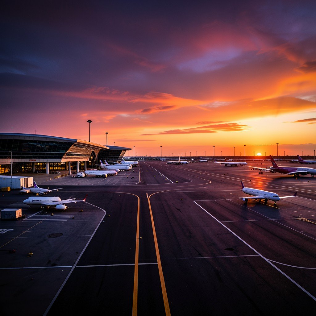 Modern airport runway scene with airplanes waiting for takeoff, sunset atmosphere, high contrast, professional photography, 4:3